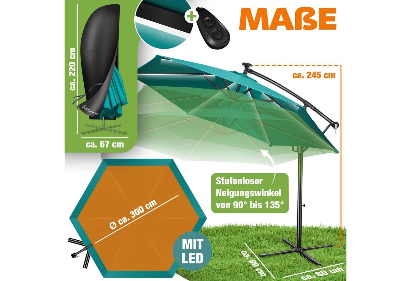 KESSER Alu Ampelschirm LED Solar mit Kurbel und Abdeckung - Bild 2