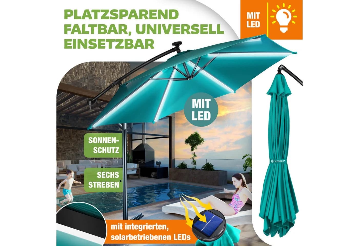KESSER Alu Ampelschirm LED Solar mit Kurbel und Abdeckung - Bild 5