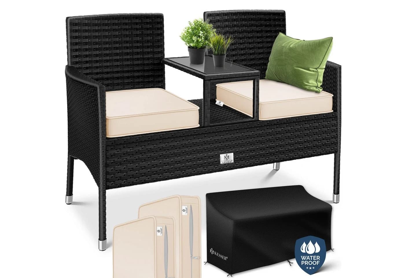 KESSER Gartenbank 2-Sitzer mit Tisch Polyrattan Beige/Schwarz - Bild 2