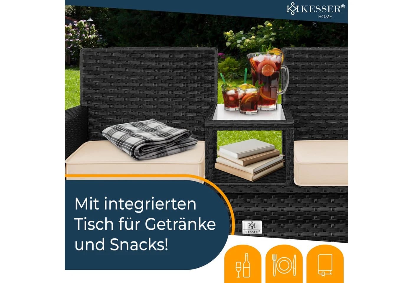 KESSER Gartenbank 2-Sitzer mit Tisch Polyrattan Beige/Schwarz - Bild 3