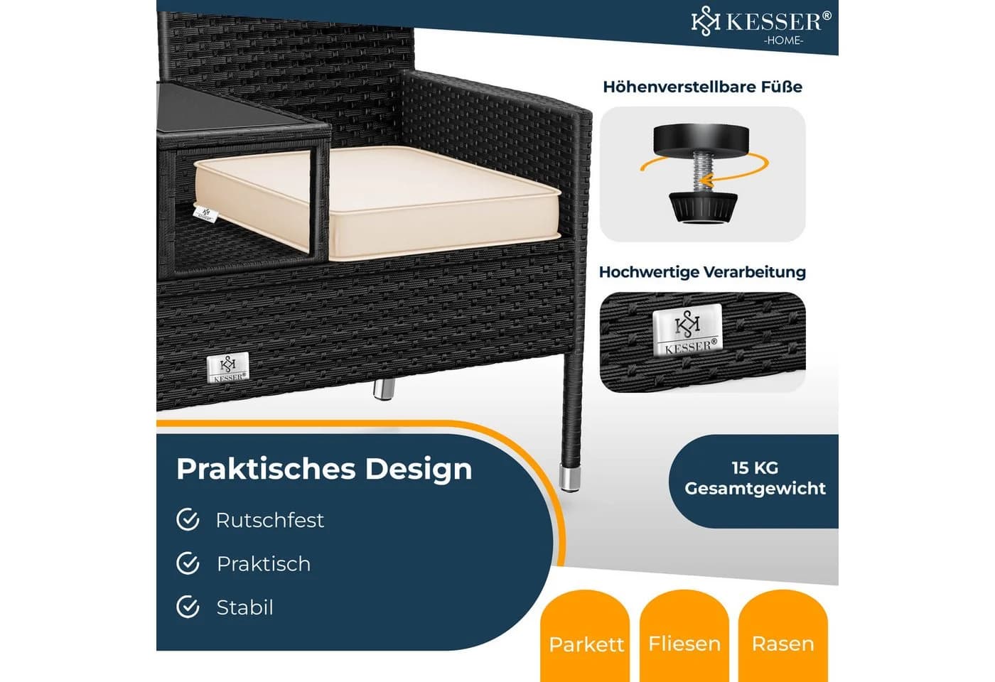 KESSER Gartenbank 2-Sitzer mit Tisch Polyrattan Beige/Schwarz - Bild 5