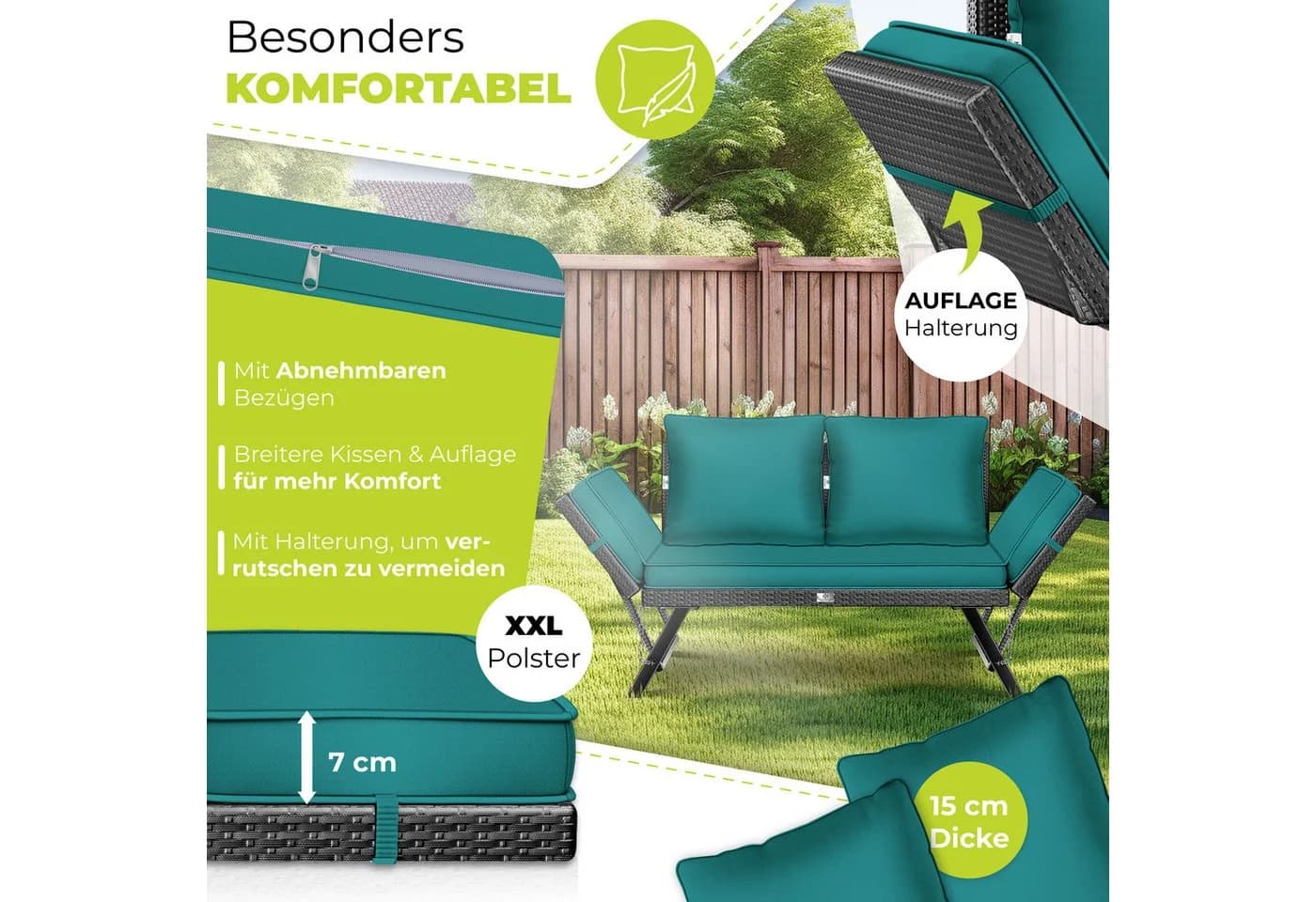 KESSER Gartenbank Polyrattan Luna mit Liegefunktion & Verstell-Funktion