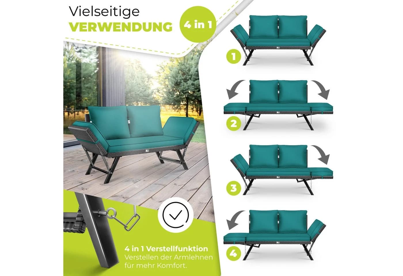 KESSER Gartenbank Polyrattan Luna mit Liegefunktion & Verstell-Funktion - Bild 3