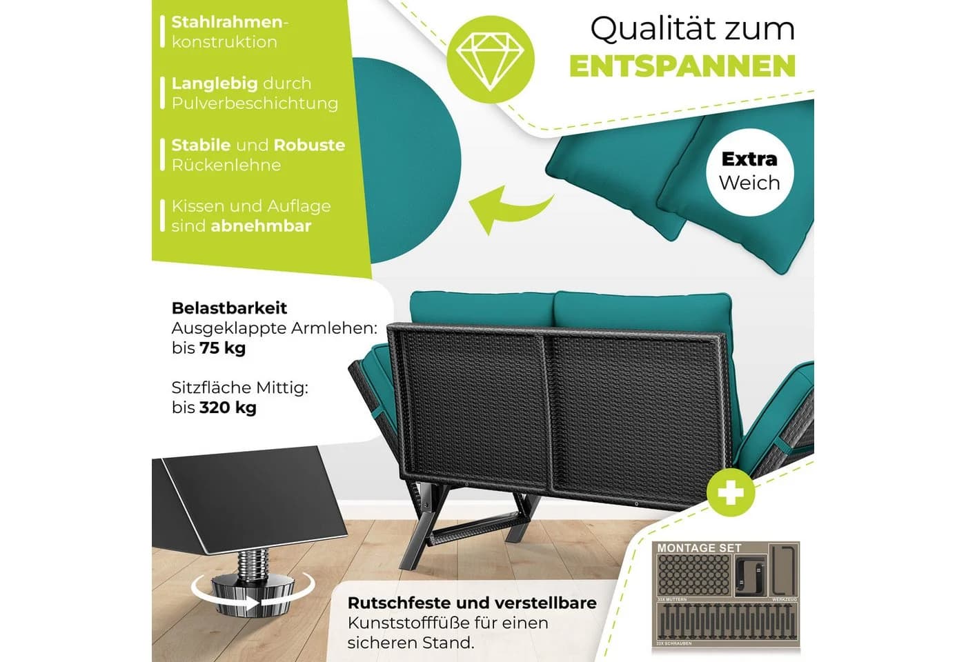 KESSER Gartenbank Polyrattan Luna mit Liegefunktion & Verstell-Funktion - Bild 5