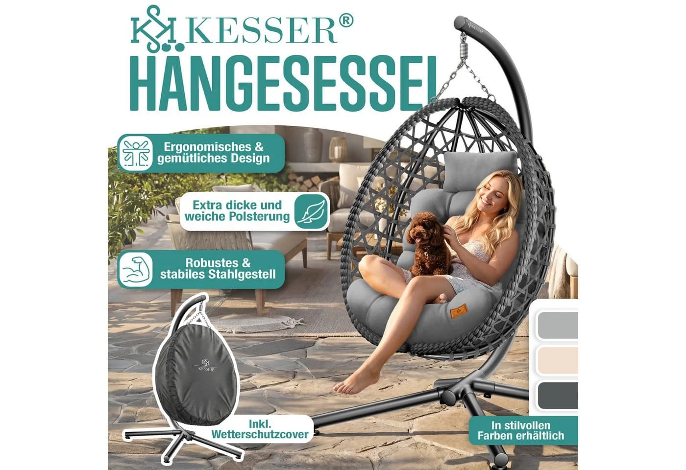 KESSER Hängesessel mit Gestell, Polyester Hängekorb, 150kg belastbar