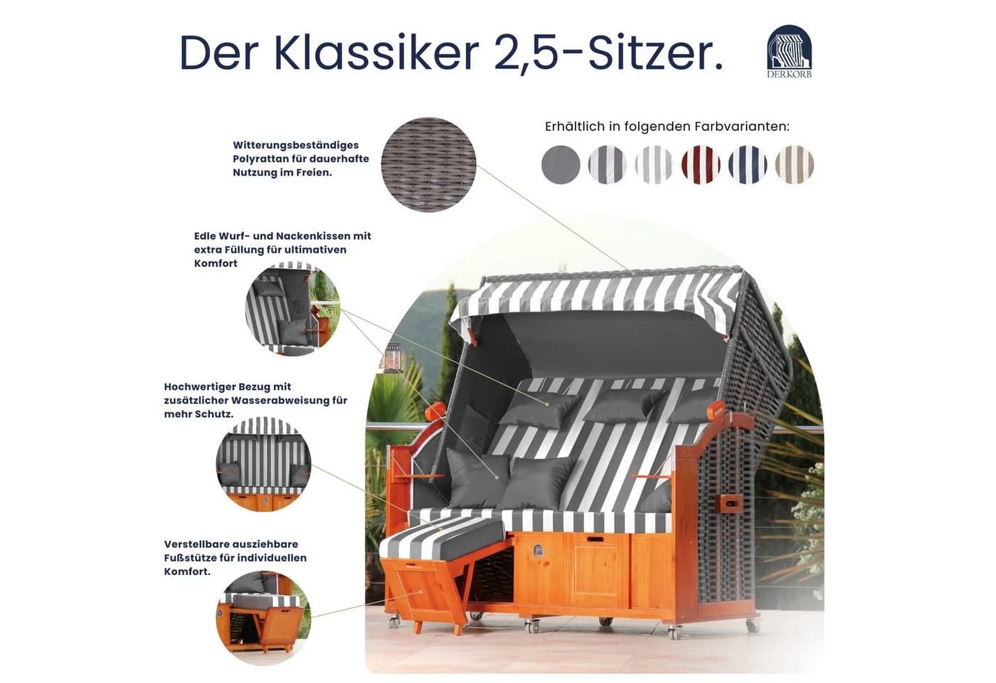 DERKORB Strandkorb Der Klassiker 2,5-Sitzer Kiefernholz Polyrattan - Bild 3