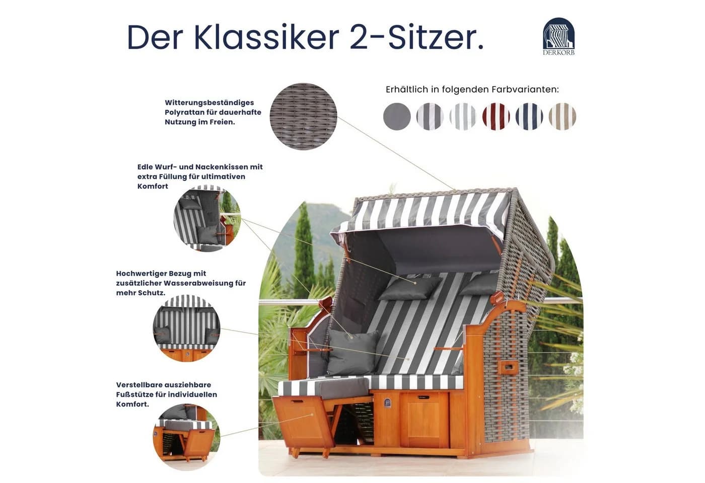 DERKORB Strandkorb Der Klassiker 2-Sitzer Grau Weiß Blockstreifen - Bild 3
