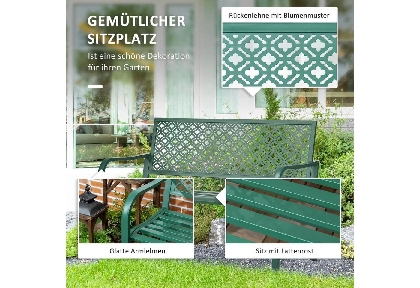 Outsunny Gartenbank mit Rückenlehne und Armlehne Dunkelgrün - Bild 4