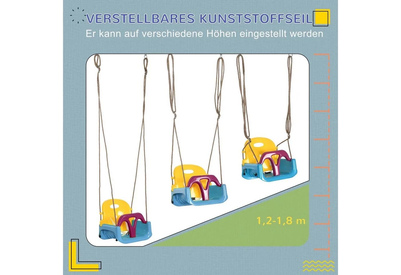 Outsunny Einzelschaukel mit verstellbarem Seil Blau/Gelb/Lila - Bild 5