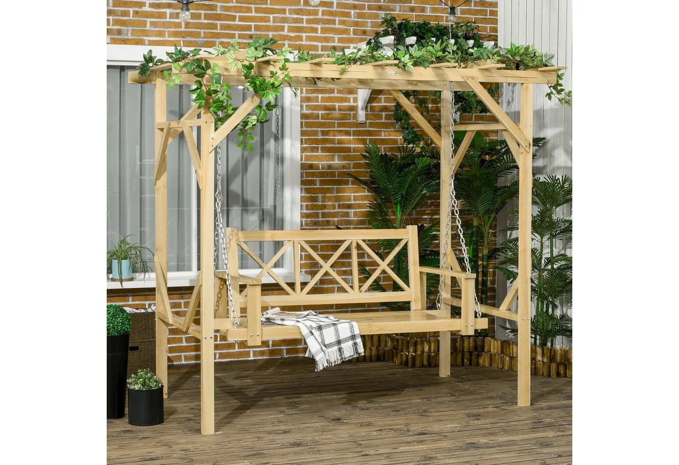 Outsunny Hollywoodschaukel 2-Sitzer mit Pergola Naturholz - Bild 2