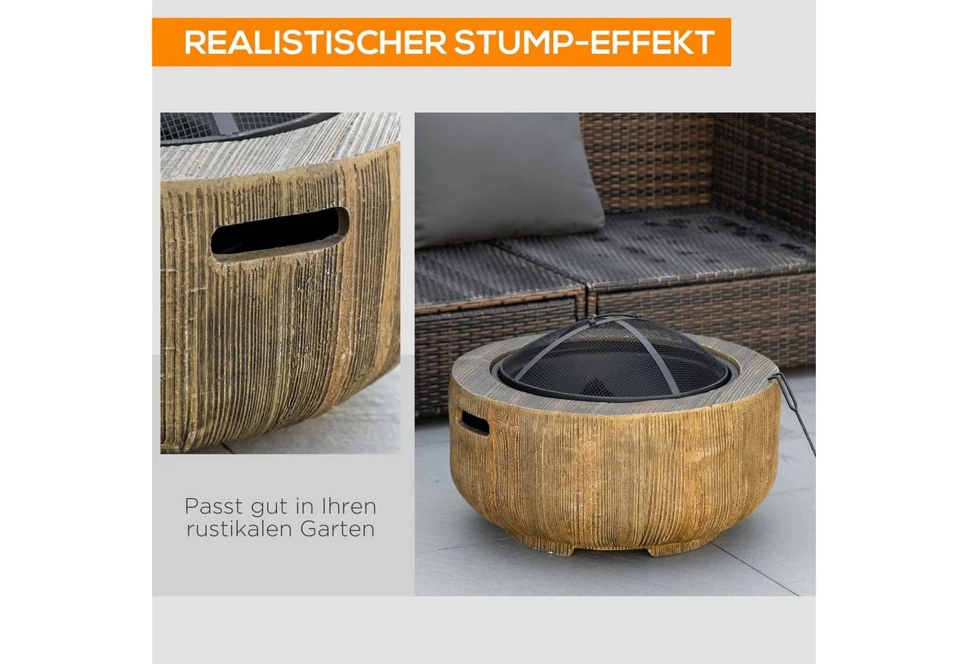 Outsunny Feuerschale Baumstumpf-Design mit Deckel und Schürhaken Braun - Bild 4