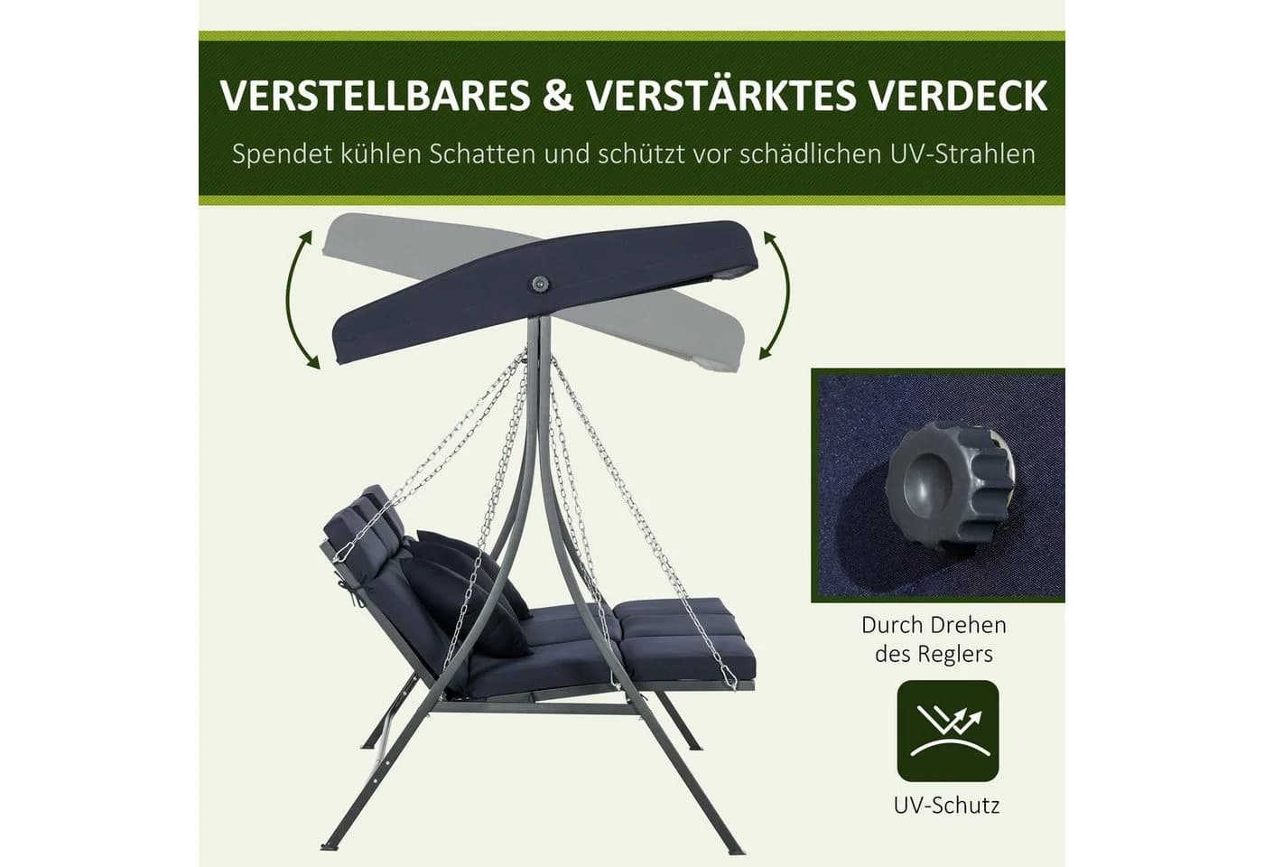 Outsunny Hollywoodschaukel 3-Sitzer mit Sonnendach Dunkelblau - Bild 4