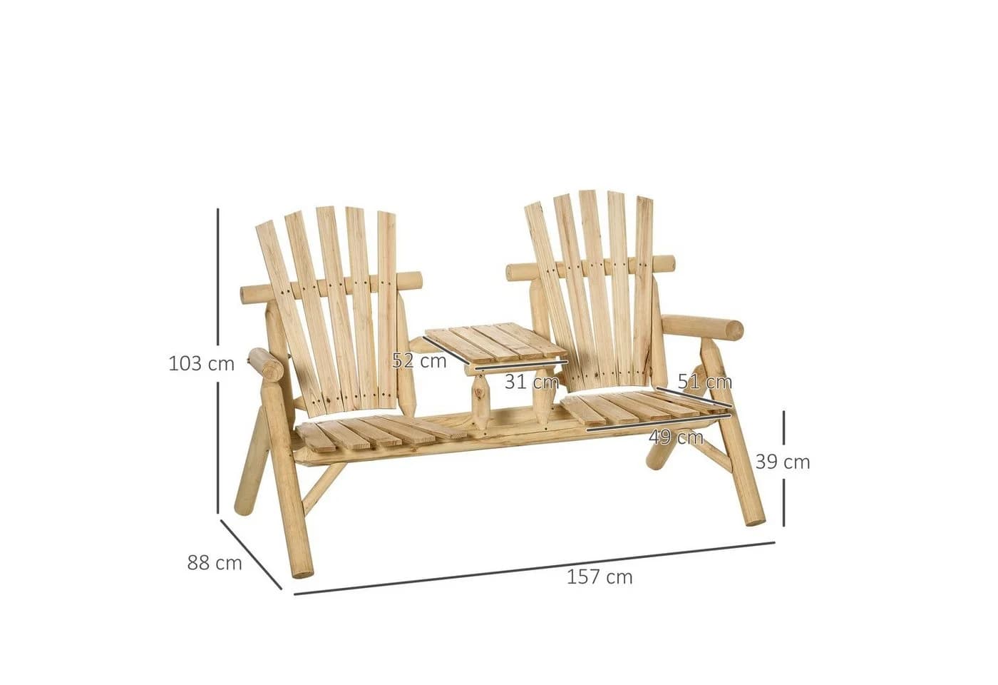 Outsunny Gartenbank 2-Sitzer mit Tisch Naturholz - Bild 3