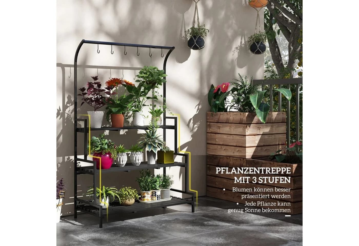 Outsunny Pflanzentreppe Pflanzenständer Blumenständer mit 3 Ebenen, 6 Haken, Schwarz - Bild 4