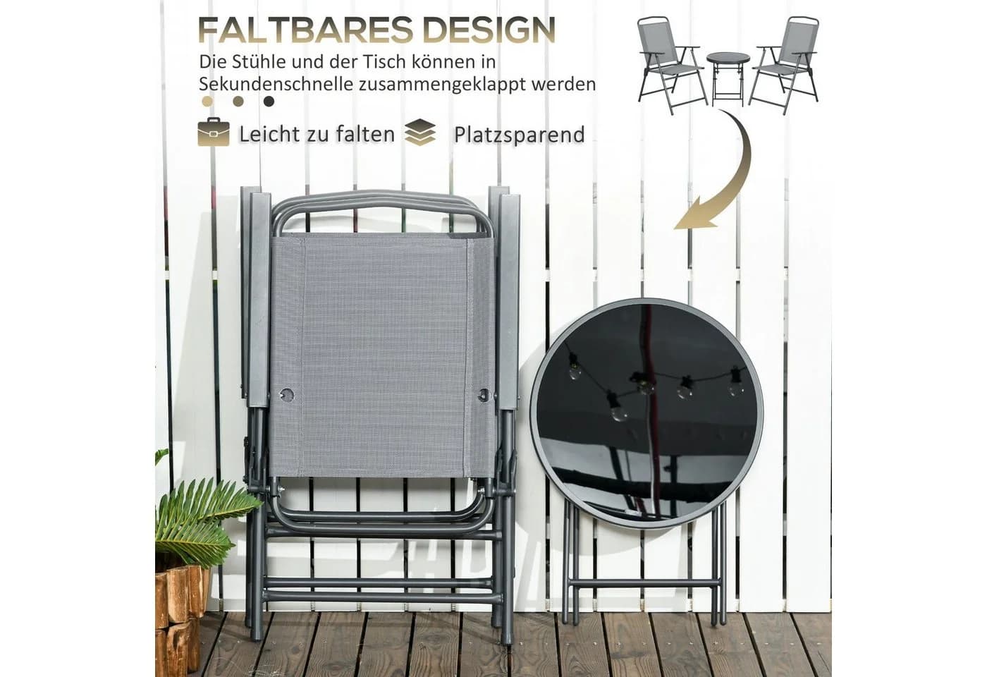 Outsunny Balkonset 3-tlg. Hellgrau Klappbar Stahl Glas - Bild 4