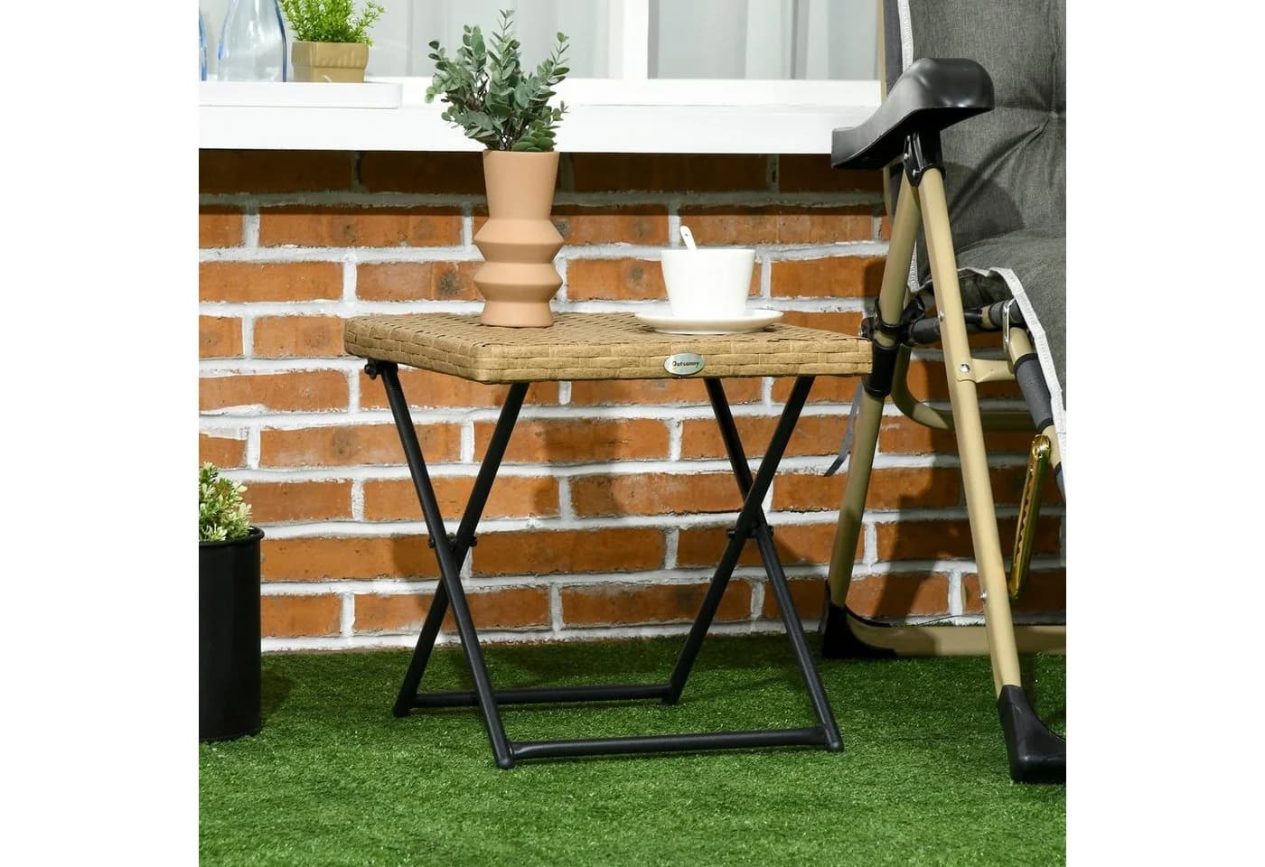 Outsunny Gartentisch Polyrattan Klappbar Beistelltisch Naturholz - Bild 2