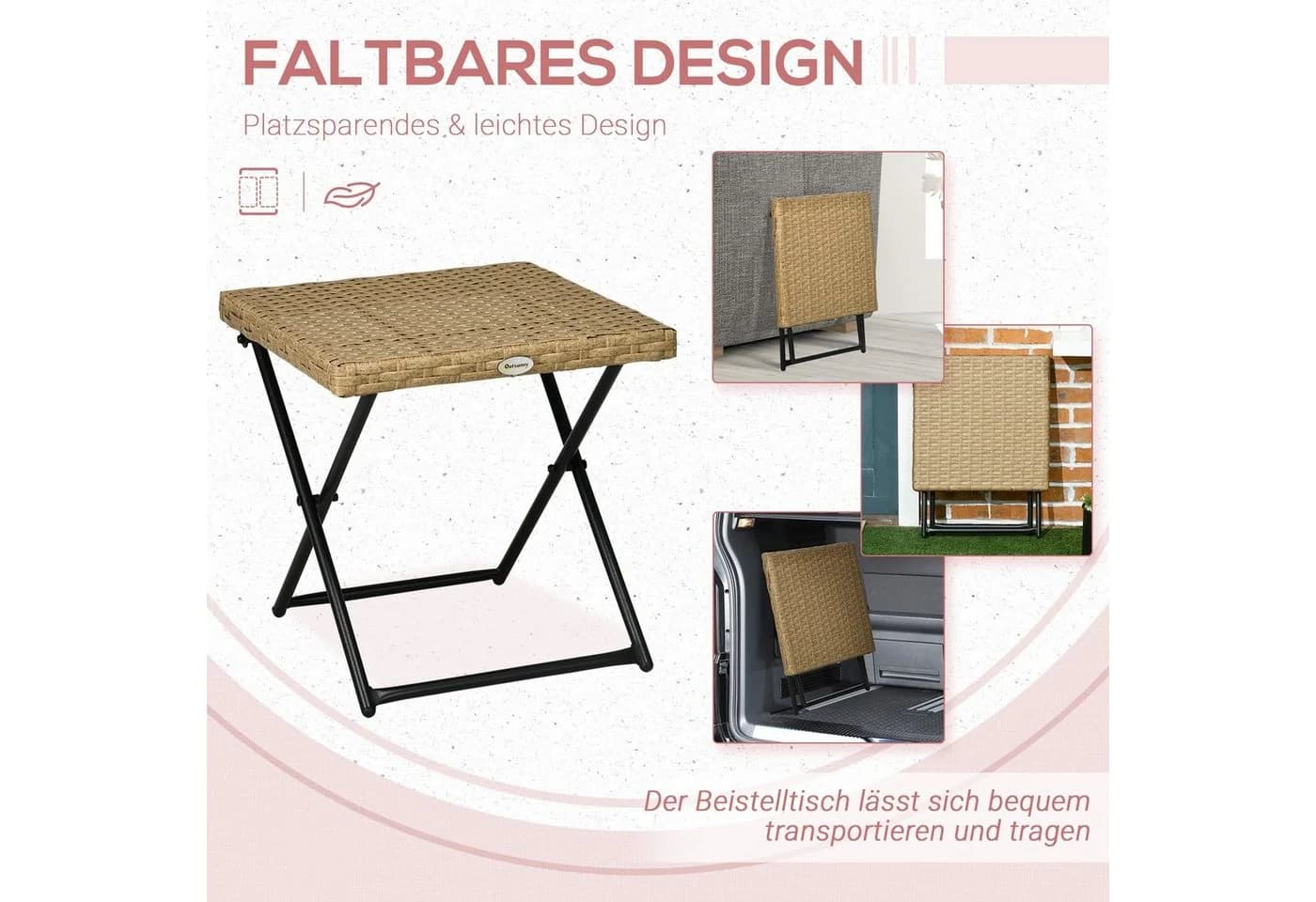 Outsunny Gartentisch Polyrattan Klappbar Beistelltisch Naturholz - Bild 4