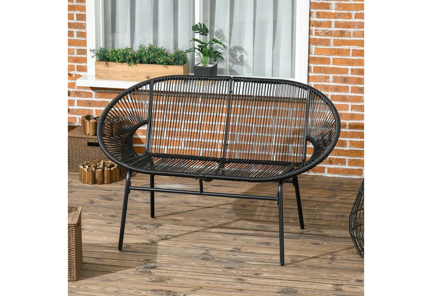 Outsunny Gartenbank 2-Sitzer Schwarz PE-Rattan Stahlrahmen - Bild 2