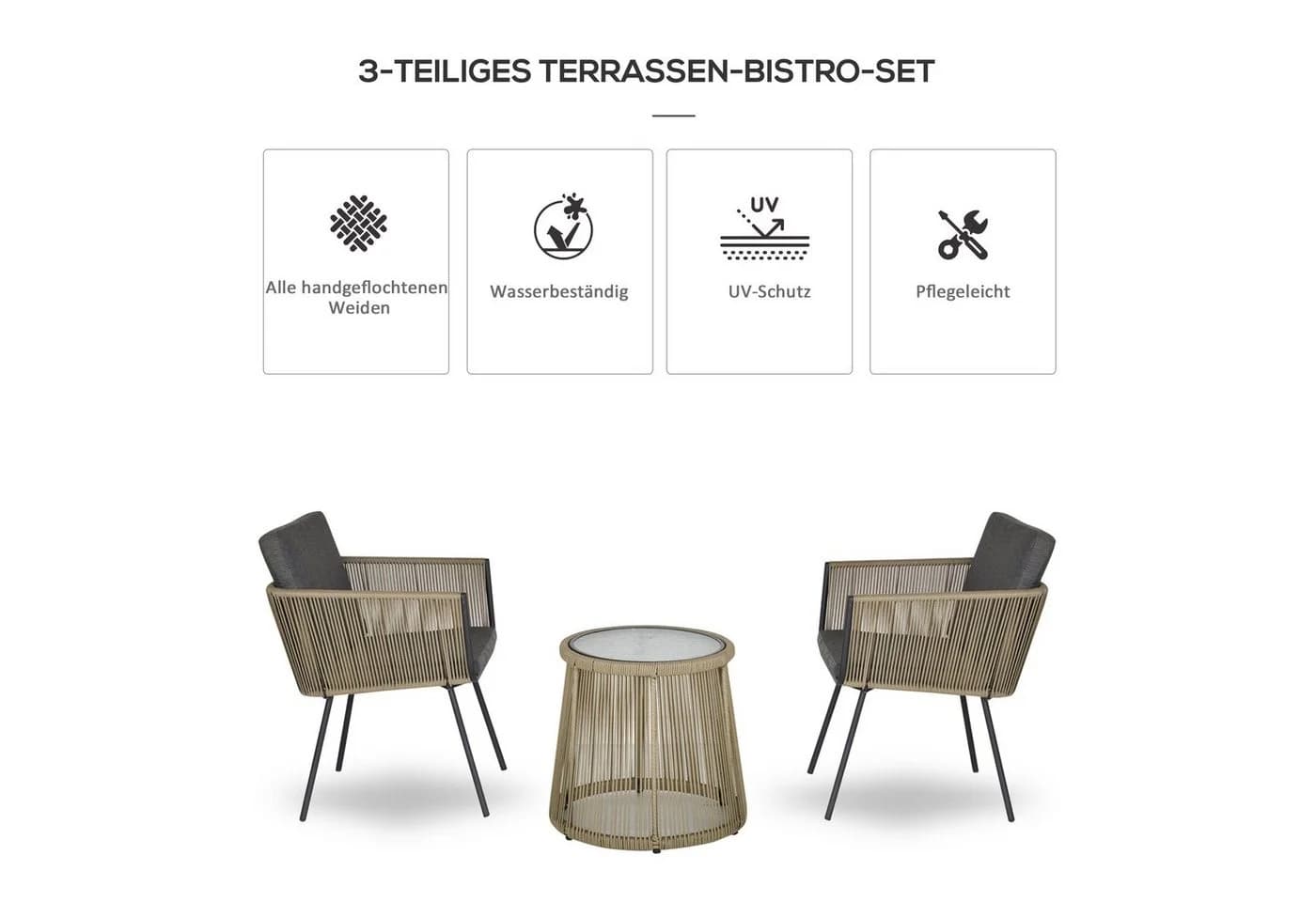 Outsunny Gartenlounge-Set 3-tlg. Grau Grau PE-Rattan mit Kissen - Bild 4