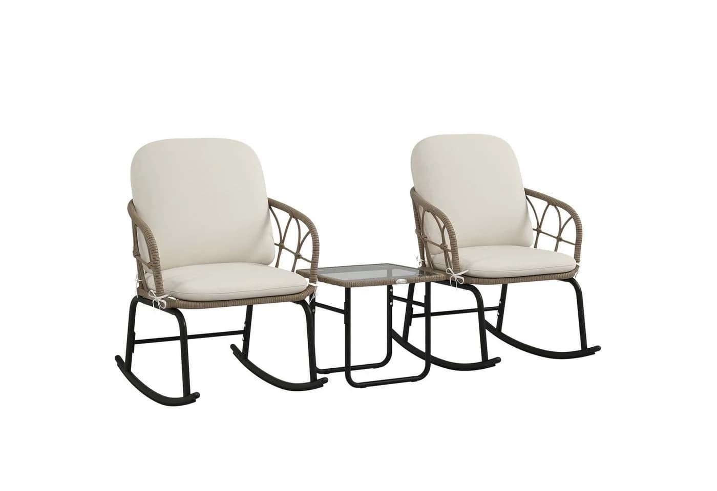 Outsunny Schaukelstuhl-Set 3-tlg. Creme Gelb PE Rattan