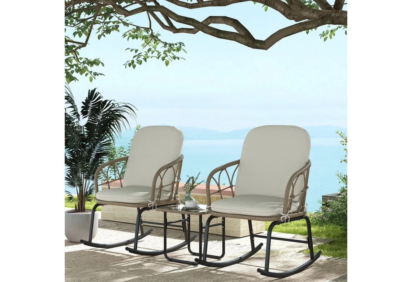 Outsunny Schaukelstuhl-Set 3-tlg. Creme Gelb PE Rattan - Bild 2