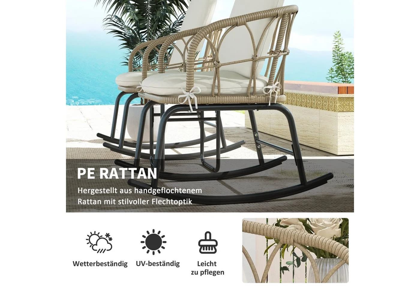 Outsunny Schaukelstuhl-Set 3-tlg. Creme Gelb PE Rattan - Bild 5