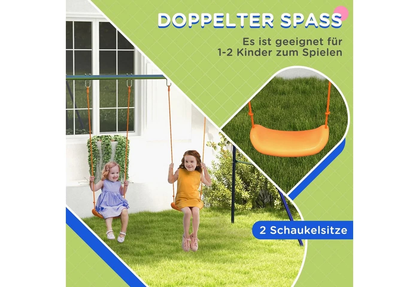 Outsunny Kinderschaukel-Set mit 2 Sitzen Blau/Grün/Orange - Bild 4