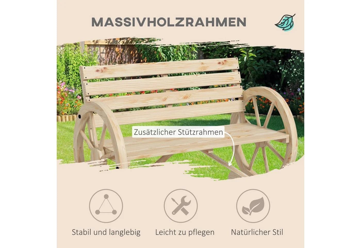Outsunny Gartenbank 2-Sitzer Tannenholz Wagenrad-Design Naturholz - Bild 4