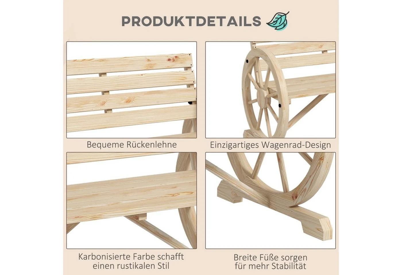Outsunny Gartenbank 2-Sitzer Tannenholz Wagenrad-Design Naturholz - Bild 5