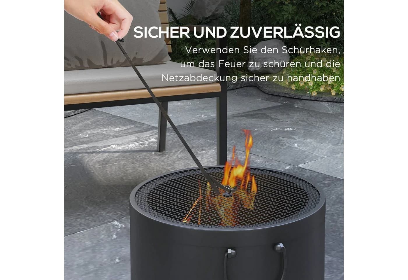 Outsunny Feuerschale mit Griff, Schürhaken und Funkenschutz, Metall Dunkelgrau - Bild 5