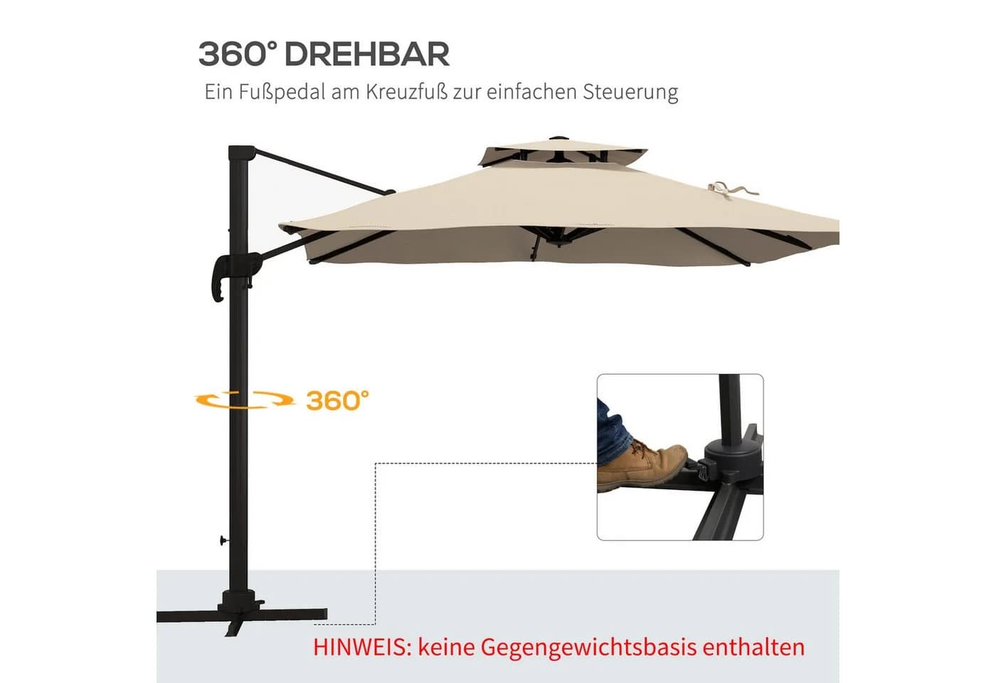 Outsunny Ampelschirm Sonnenschirm 360° schwenkbar Khaki Aluminium - Bild 5