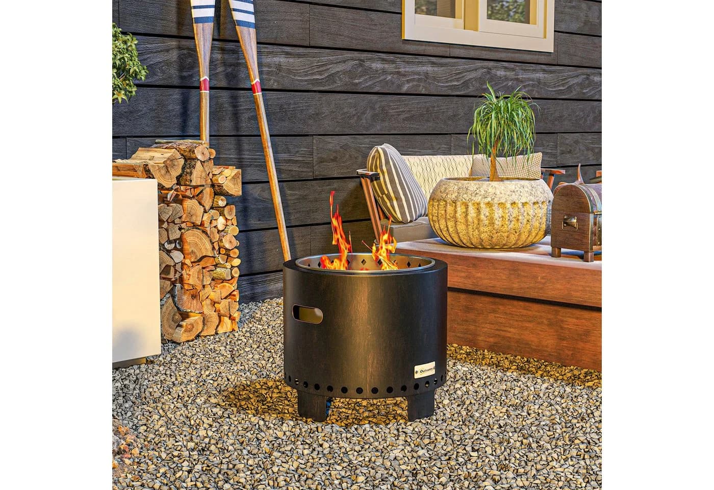 Outsunny Feuerschale mit Griff, Schürhaken, Feuerkorb, Feuerstelle, Metall, Schwarz - Bild 2