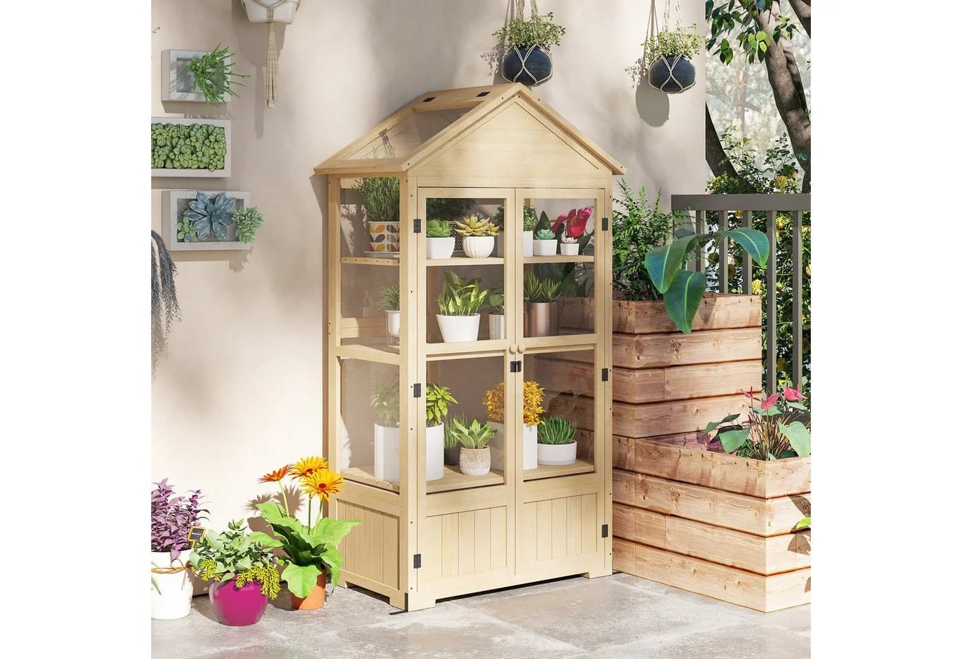 Outsunny Hochbeet Frühbeet aus Holz Gewächshaus 4 Ebenen - Bild 2