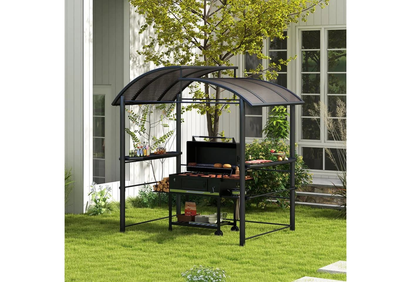 Outsunny Grillpavillon BBQ-Pavillon mit Ablagen Dunkelgrau - Bild 2