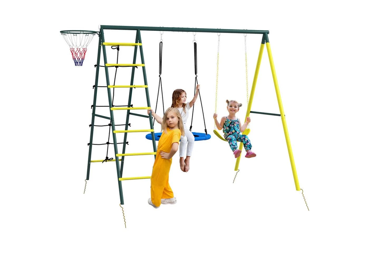 Outsunny Kinderschaukel-Set mit Basketballkorb und Kletterleiter Bunt
