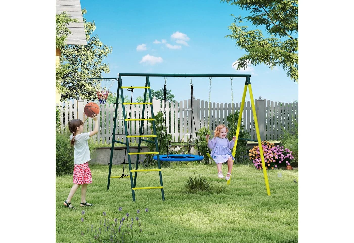 Outsunny Kinderschaukel-Set mit Basketballkorb und Kletterleiter Bunt - Bild 2