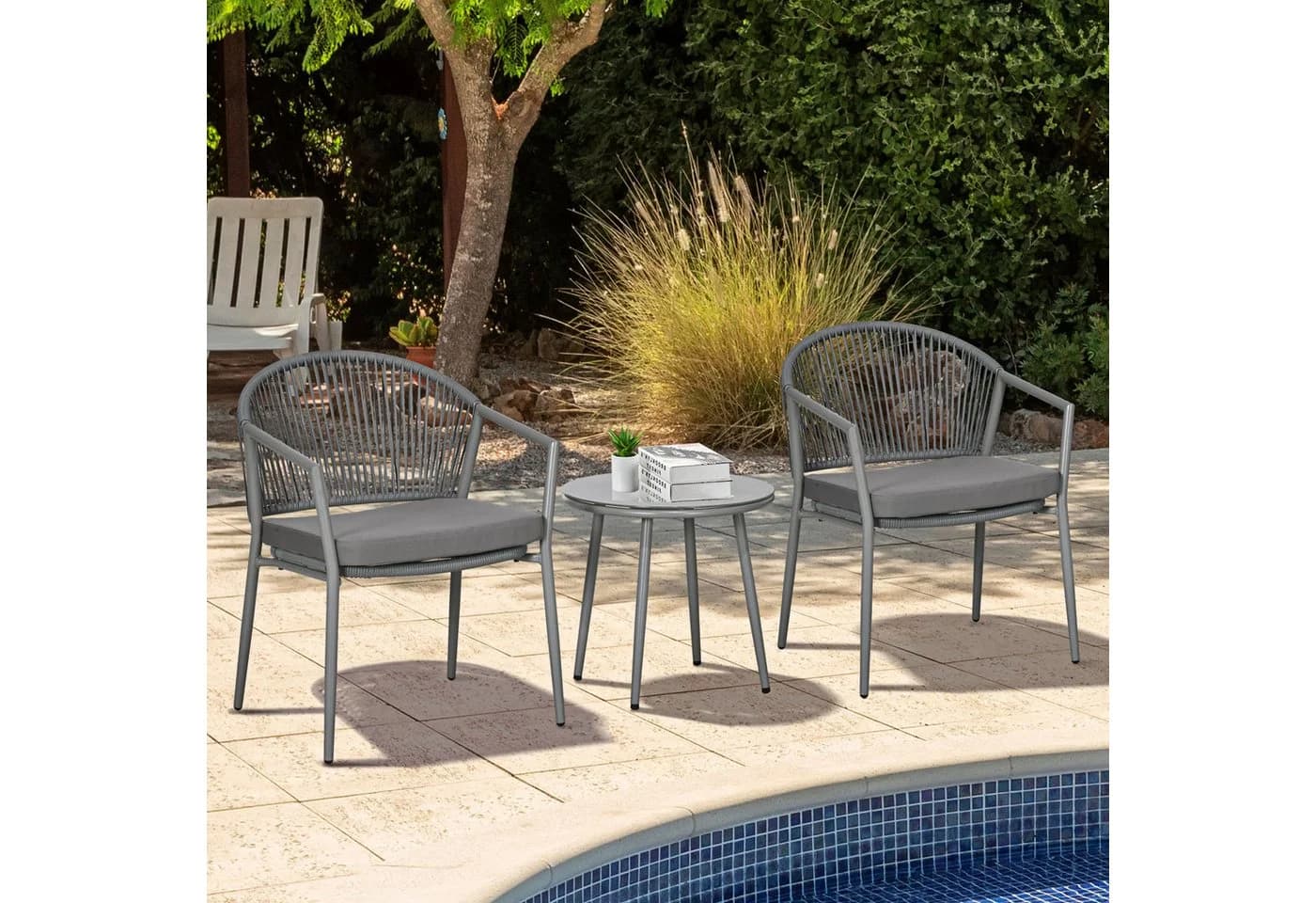 Outsunny Bistroset 3-tlg. Grau Stahl PE-Rattan mit Kissen - Bild 2