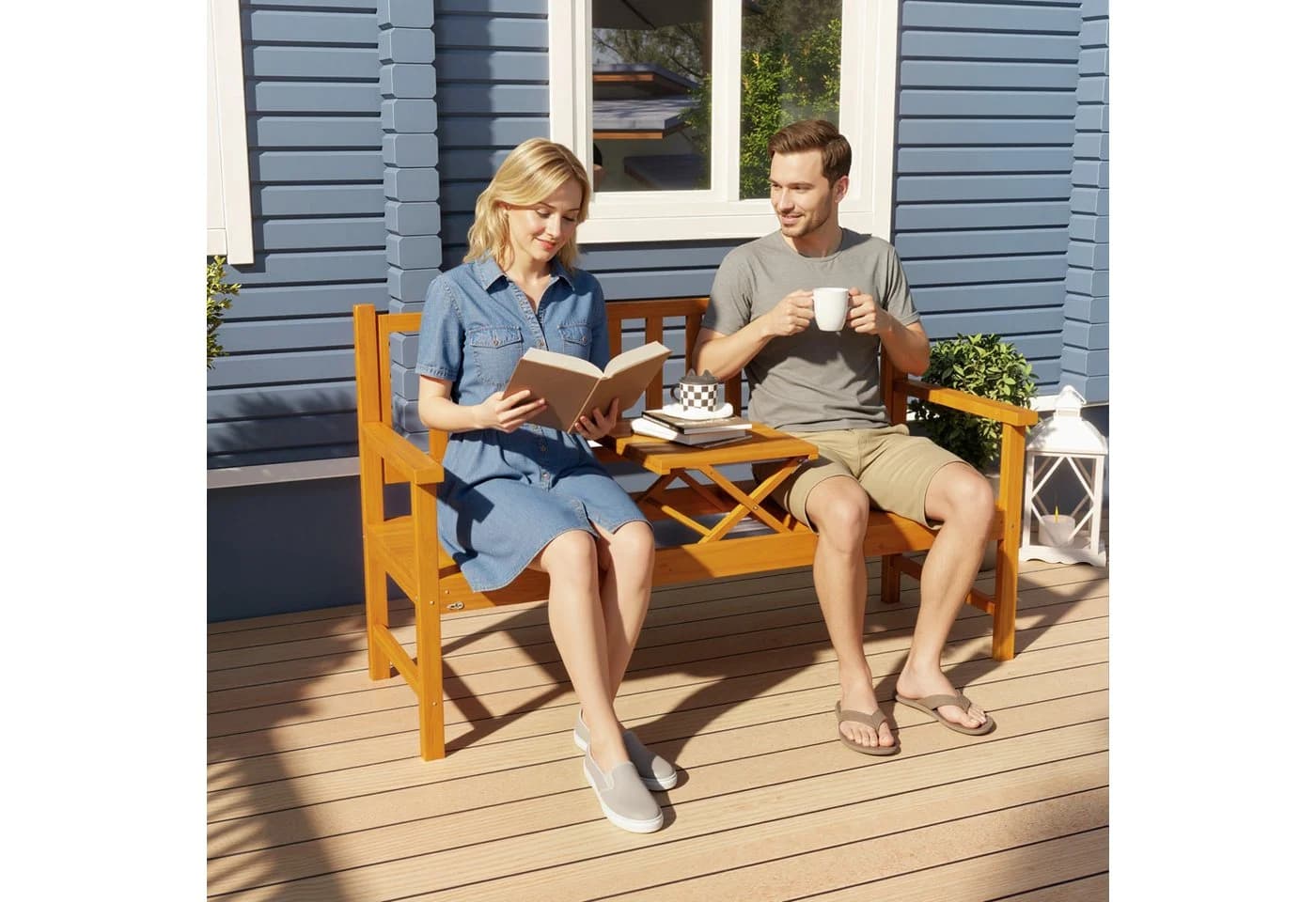 Outsunny Gartenbank 3-Sitzer mit Klapp-Tisch Kiefernholz Hellbraun - Bild 2