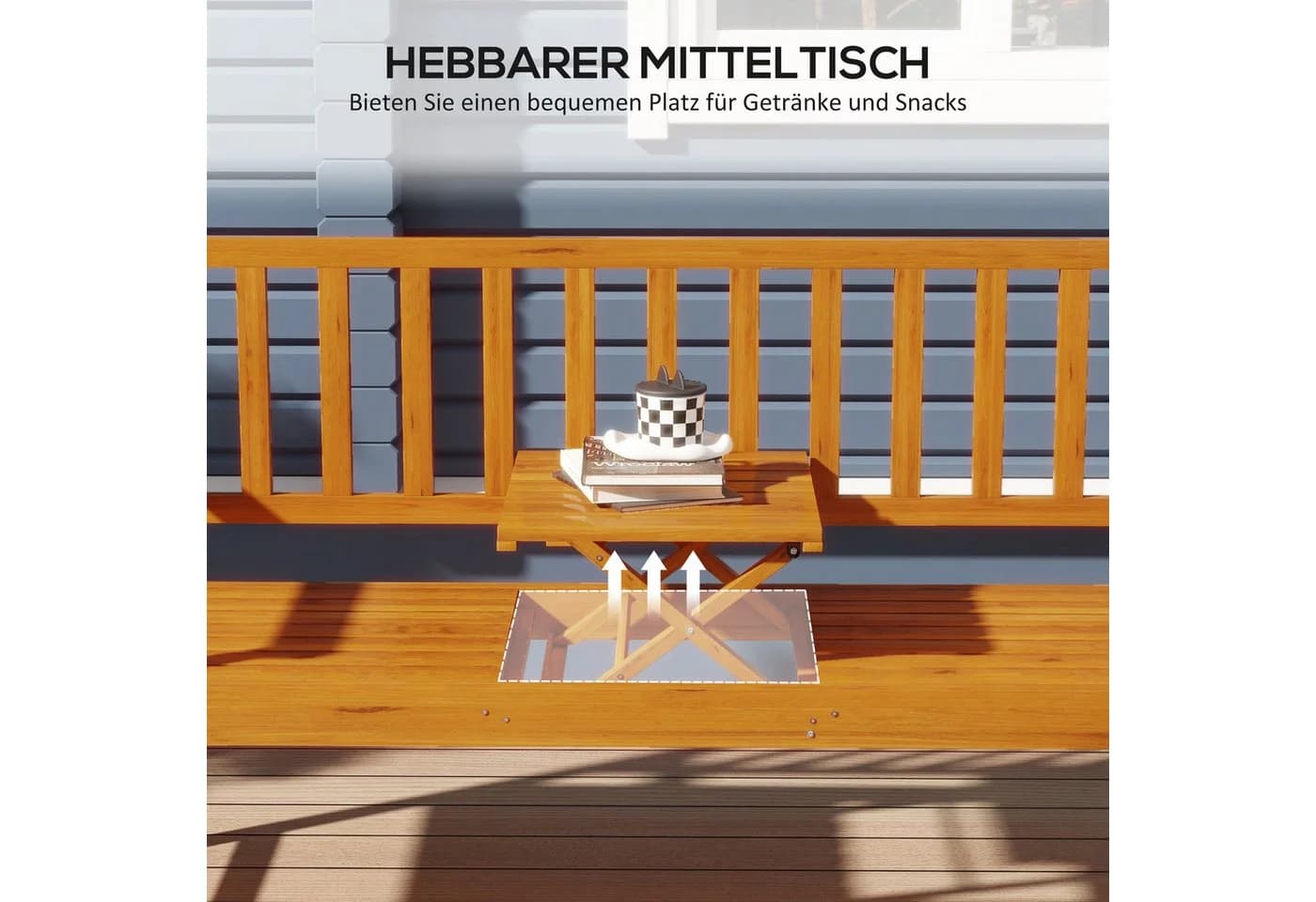 Outsunny Gartenbank 3-Sitzer mit Klapp-Tisch Kiefernholz Hellbraun - Bild 4