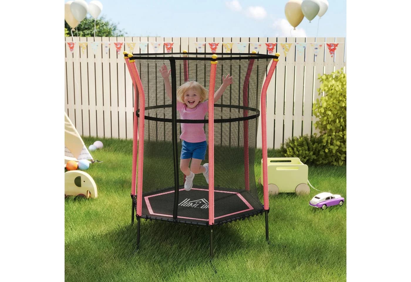 HOMCOM Kindertrampolin mit Sicherheitsnetz, Randabdeckung, Gummiseil, Ø 163.5 cm, für Kinder 3-10 Jahre Rot - Bild 2