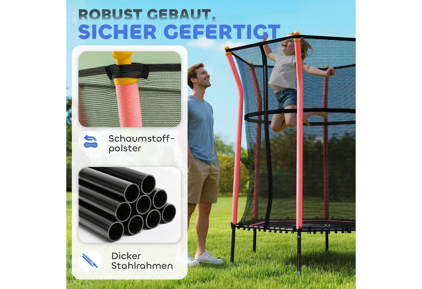 HOMCOM Kindertrampolin mit Sicherheitsnetz, Randabdeckung, Gummiseil, Ø 163.5 cm, für Kinder 3-10 Jahre Rot - Bild 4