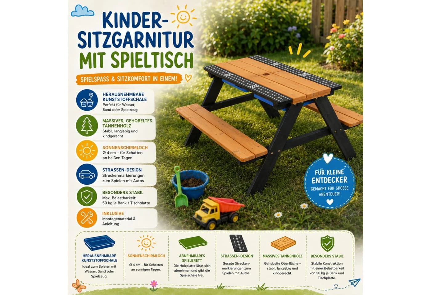 HAGO Garten-Kindersitzgruppe mit Spieltisch und Kunststoffwanne - Bild 4