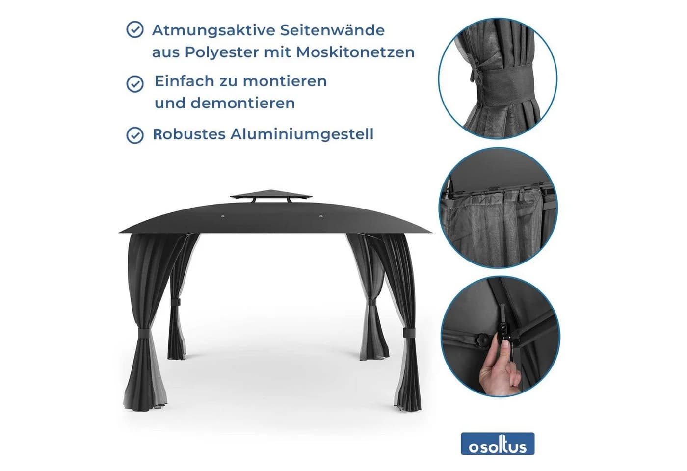 osoltus Garten Pavillon Amrum 3,3x3,3m Anthrazit mit Seitenwand & Insektenschutz - Bild 4