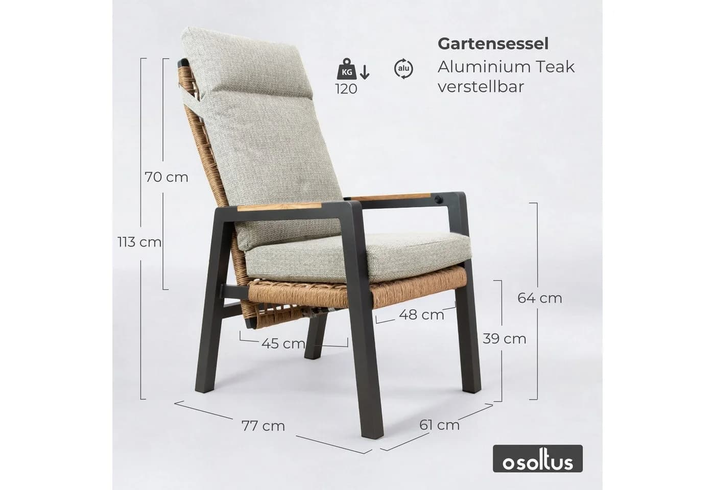 osoltus Gartenlounge-Sessel Vicenza Alu Teak verstellbar Anthrazit - Bild 3