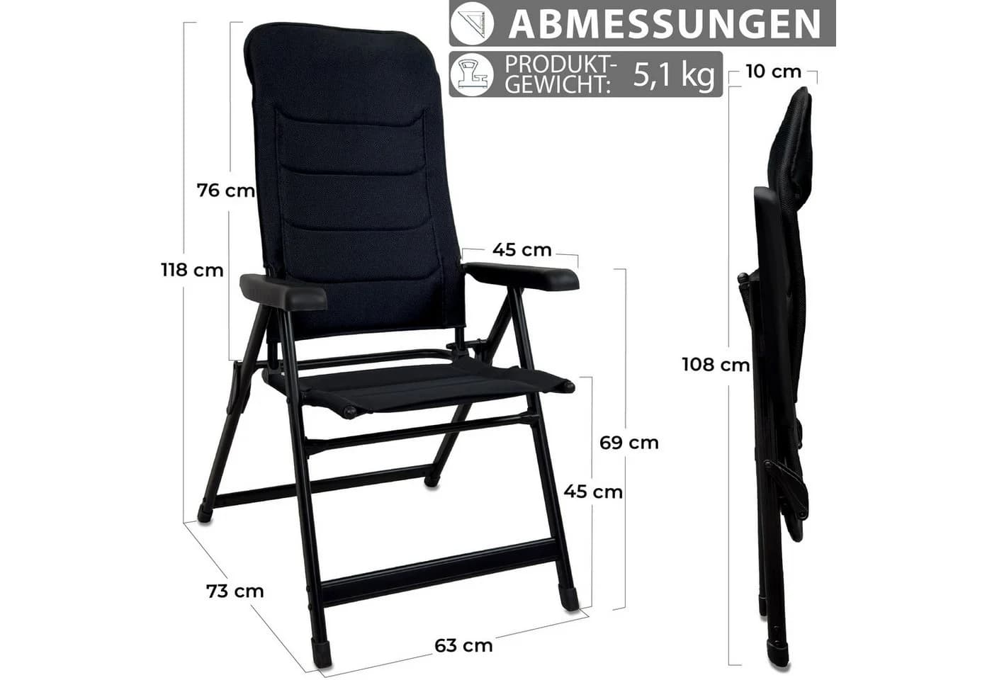 osoltus Alu Campingstuhl Klappsessel mit Fußablage Schwarz 7-fach verstellbar - Bild 3