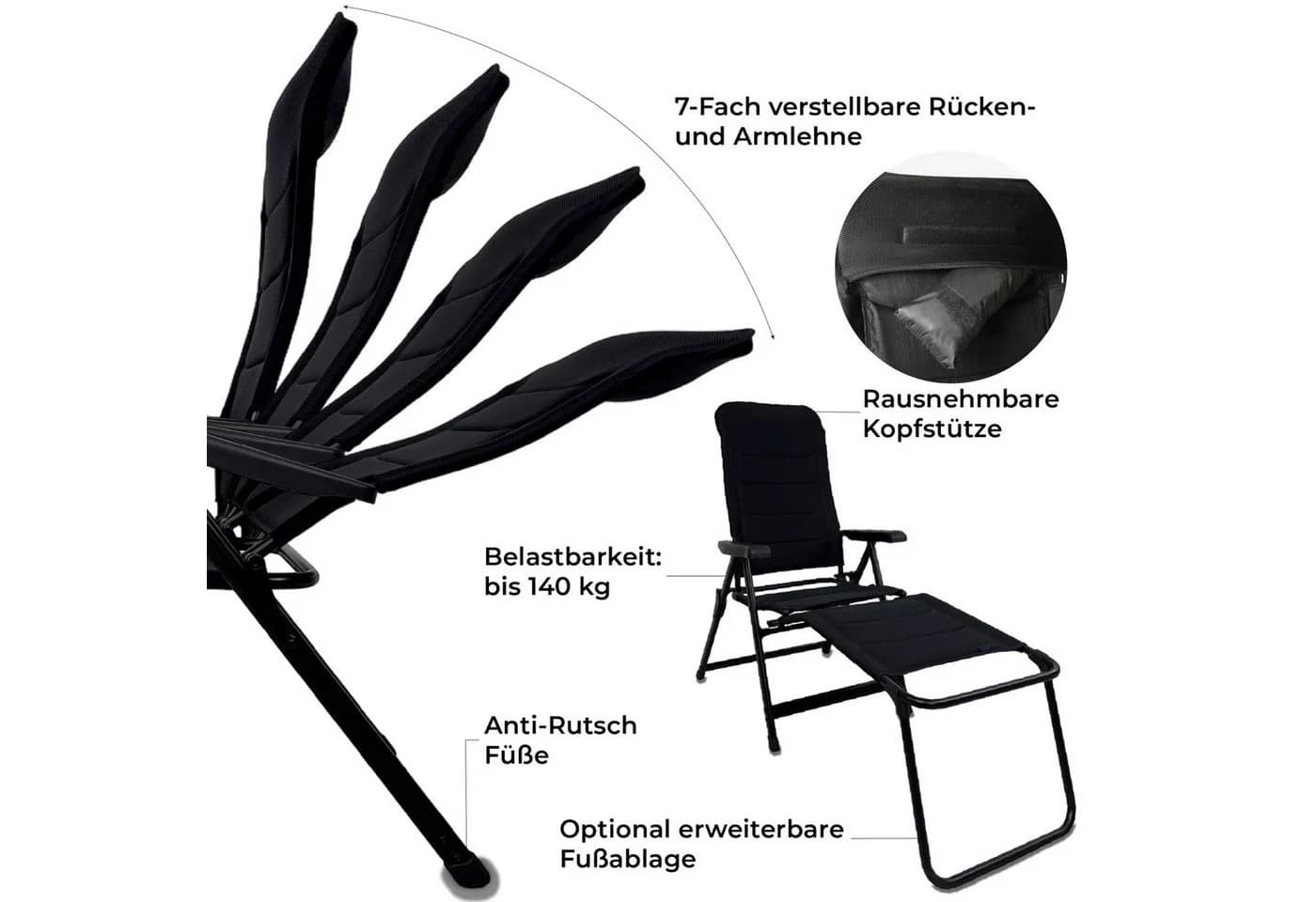 osoltus Alu Campingstuhl Klappsessel mit Fußablage Schwarz 7-fach verstellbar - Bild 4