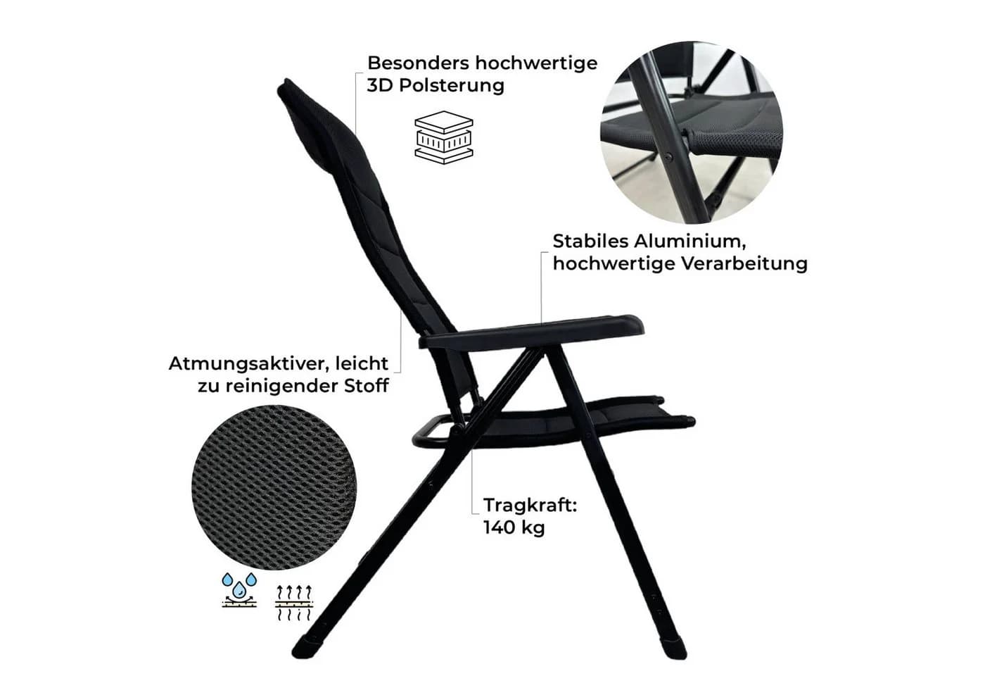 osoltus Alu Campingstuhl Klappsessel mit Fußablage Schwarz 7-fach verstellbar - Bild 5