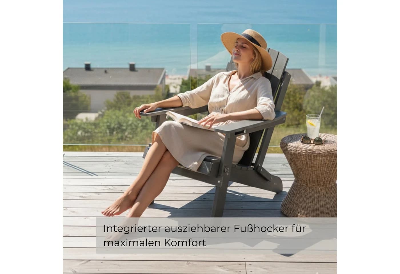 osoltus Canadian Deckchair Adirondack Stuhl mit Fußhocker HDPE Grau - Bild 4