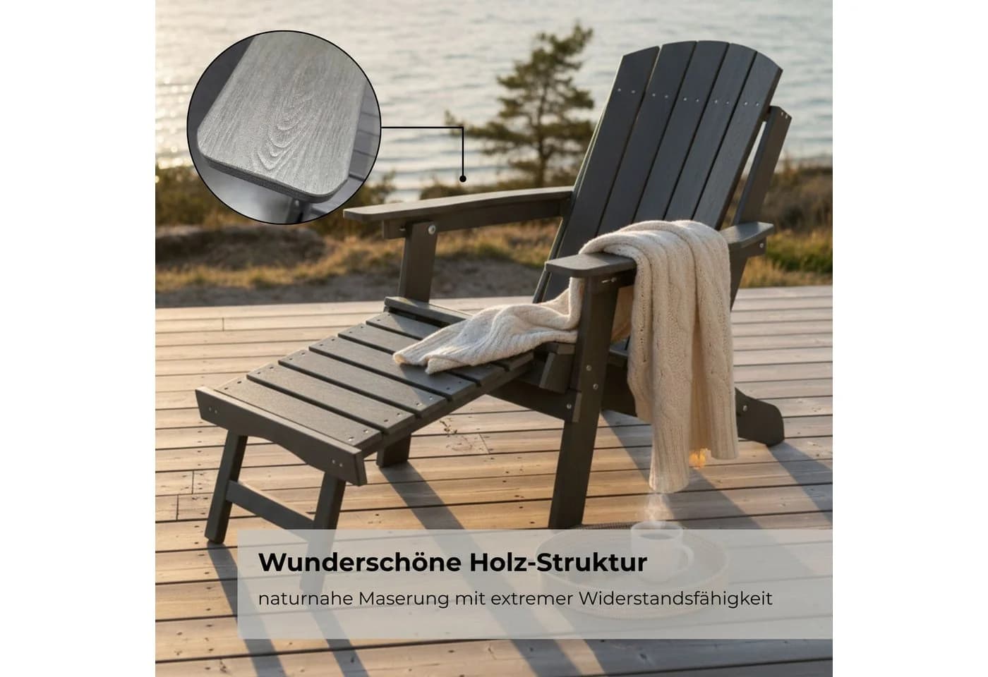 osoltus Canadian Deckchair Adirondack Stuhl mit Fußhocker HDPE Grau - Bild 5