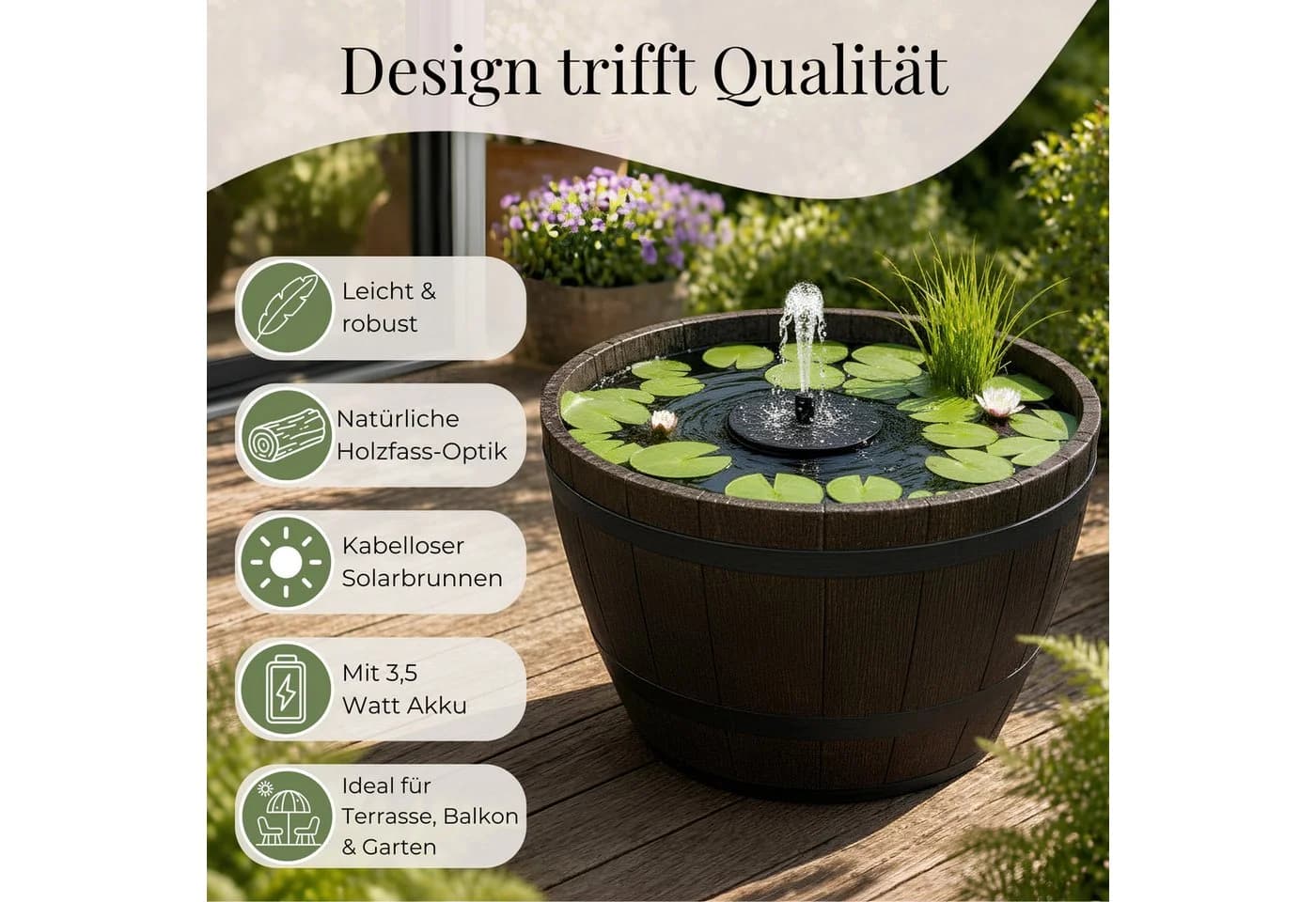 matches21 HOME & HOBBY Solar Brunnen Set 51 cm Schale Holzoptik Braun